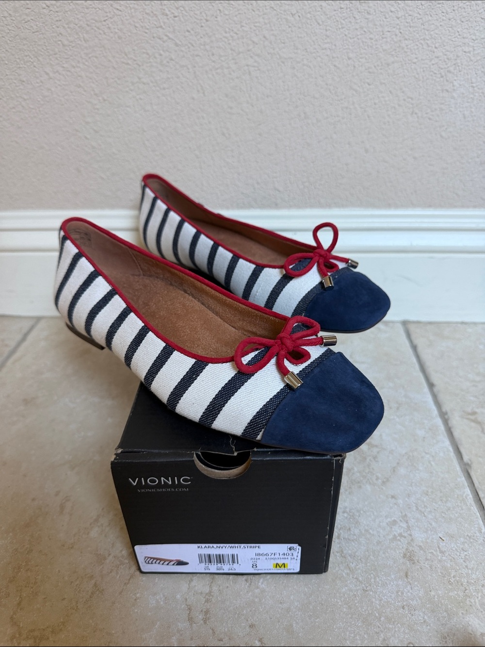 NWT Vionic Klara Navy and White Striped Ballet Flats with Red Trim